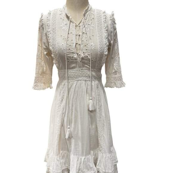 Ulla Johnson Madison Dress XS Blanc White Eyelet Lace Boho Ruffle Tassel  Mini